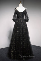 Black Straps Tulle Long Party Dress With Sleeves Evening Dress, Black A-Line Evening Prom Dress Party Dress