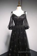 Black Straps Tulle Long Party Dress With Sleeves Evening Dress, Black A-Line Evening Prom Dress Party Dress