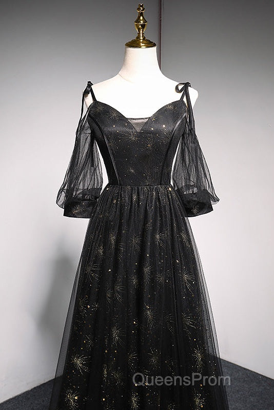 Black Straps Tulle Long Party Dress With Sleeves Evening Dress, Black A-Line Evening Prom Dress Party Dress