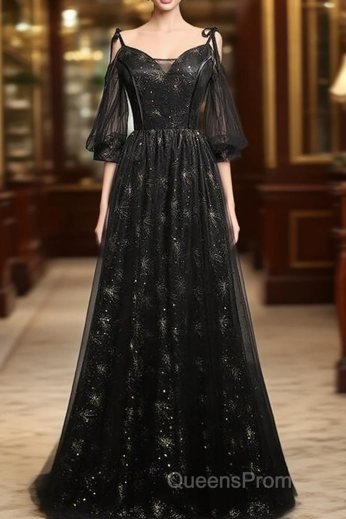 Black Straps Tulle Long Party Dress With Sleeves Evening Dress, Black A-Line Evening Prom Dress Party Dress