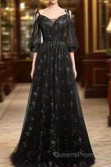 Black Straps Tulle Long Party Dress With Sleeves Evening Dress, Black A-Line Evening Prom Dress Party Dress