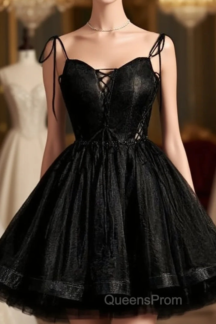 Black Straps Tulle Short Homecoming Dress Evening Prom Dress, Little Black Party Dress Main image