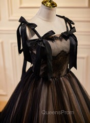 Black Straps Tulle with Lace Long Evening Dress, Black A-line Evening Prom Dress