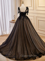 Black Straps Tulle with Lace Long Evening Dress, Black A-line Evening Prom Dress