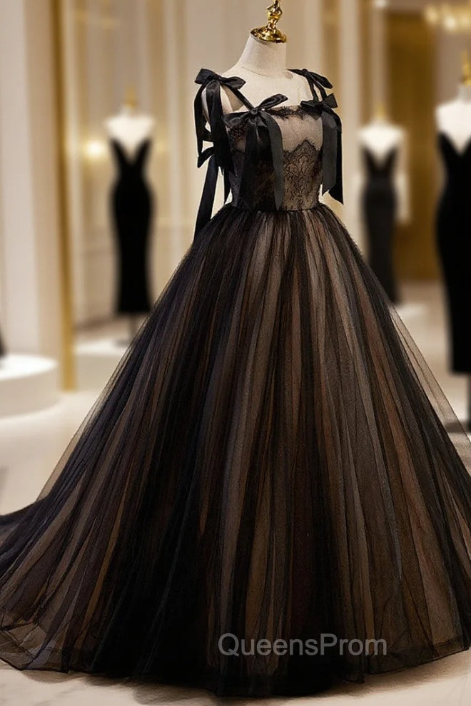 Black Straps Tulle with Lace Long Evening Dress, Black A-line Evening Prom Dress Main image