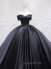 Black Sweetheart Neck Satin Long Evening Prom Gown, Black Sweet 16 Dress