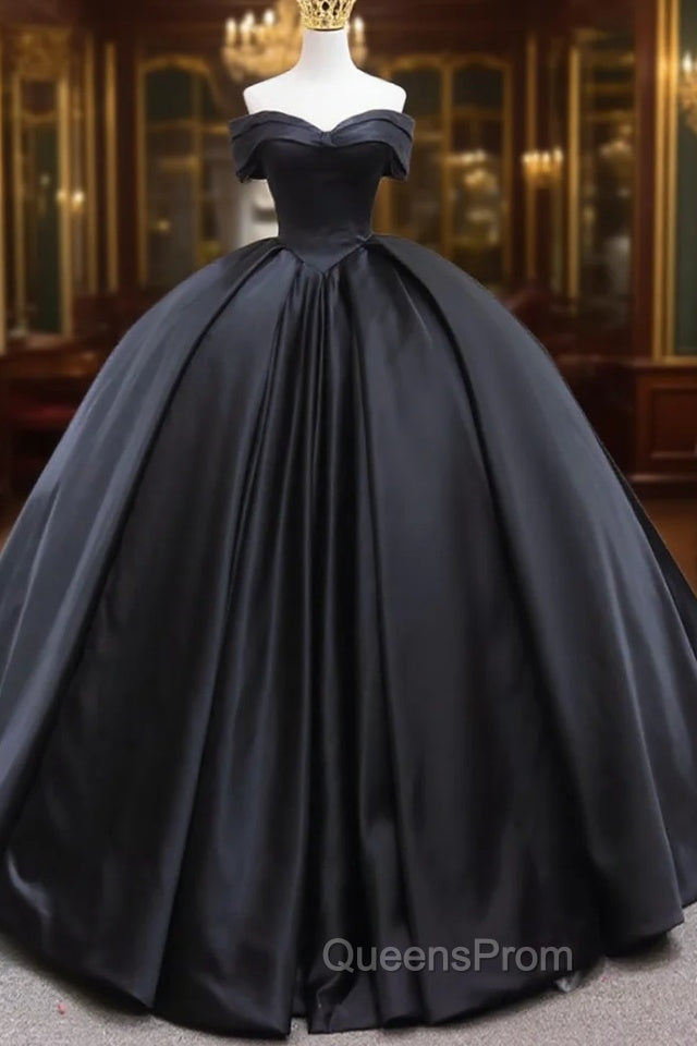 Black Sweetheart Neck Satin Long Evening Prom Gown, Black Sweet 16 Dress Main image
