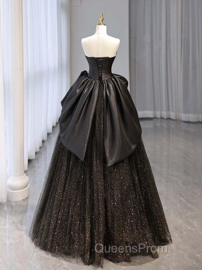Black Sweetheart Neck Satin Tulle Long Evening Prom Dress, Black Long Evening Dress