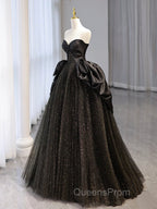 Black Sweetheart Neck Satin Tulle Long Evening Prom Dress, Black Long Evening Dress