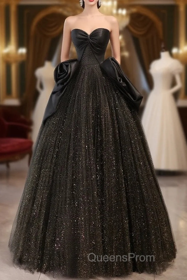 Black Sweetheart Neck Satin Tulle Long Evening Prom Dress, Black Long Evening Dress