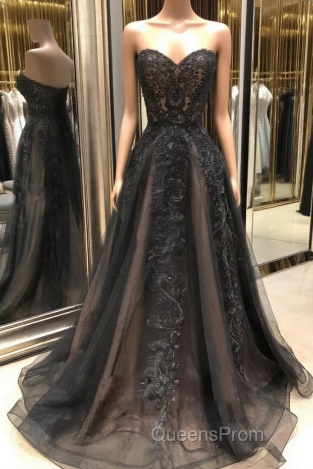 Black sweetheart neck tulle lace long Evening Prom Dress, black evening Dress Main image