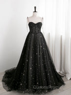 Black Sweetheart Neck Tulle Long Evening Prom Dress A Line Black Evening Dress