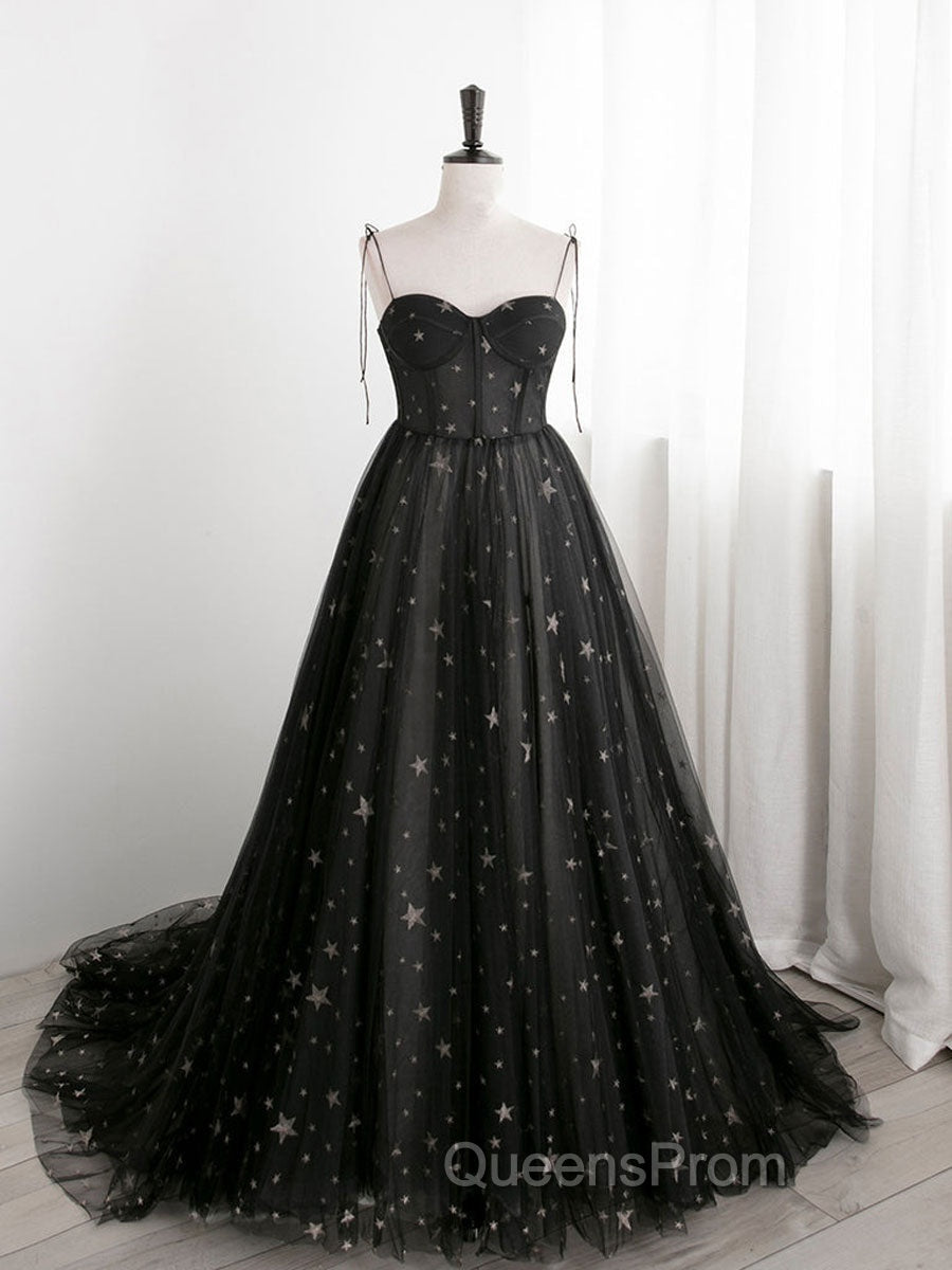 Black Sweetheart Neck Tulle Long Evening Prom Dress A Line Black Evening Dress