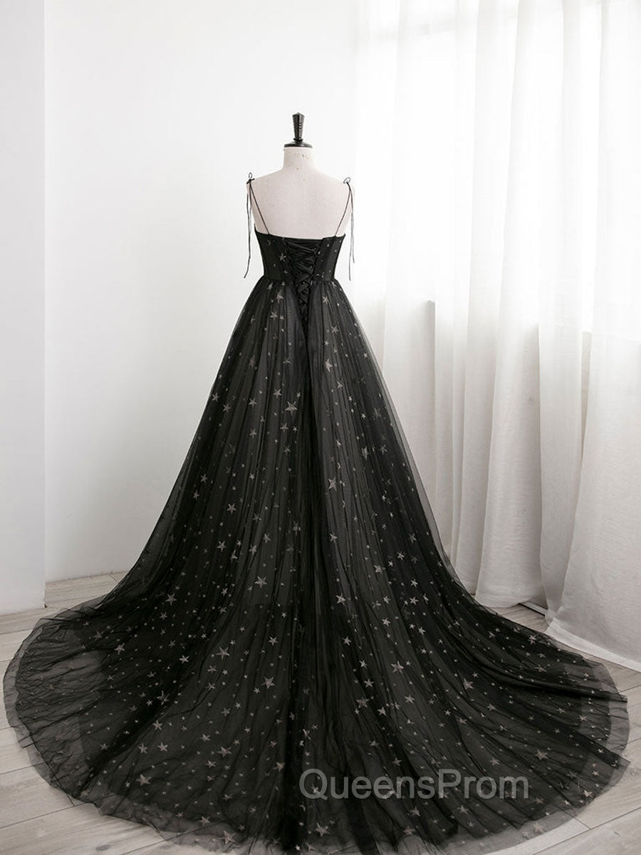 Black Sweetheart Neck Tulle Long Evening Prom Dress A Line Black Evening Dress