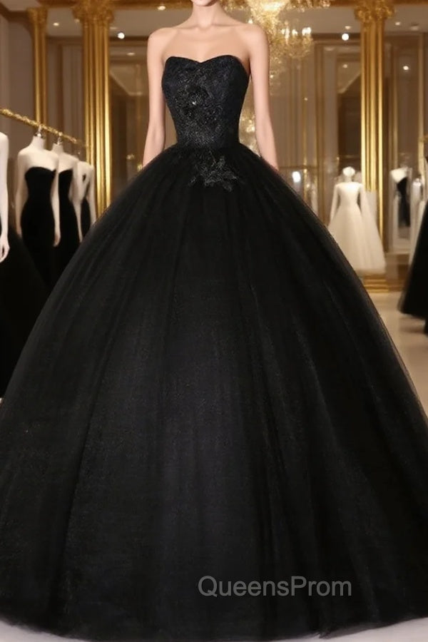 Black Sweetheart Neck Tulle Long Evening Prom Dress Black Evening Dress