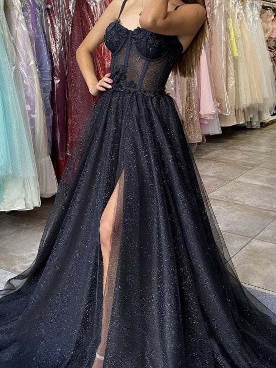 Black Sweetheart Neck Tulle Long Classy Prom Dress, Black Tulle Classy Evening Dress Secondary image