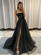 Black Sweetheart Neck Tulle Long Classy Prom Dress, Black Tulle Classy Evening Dress