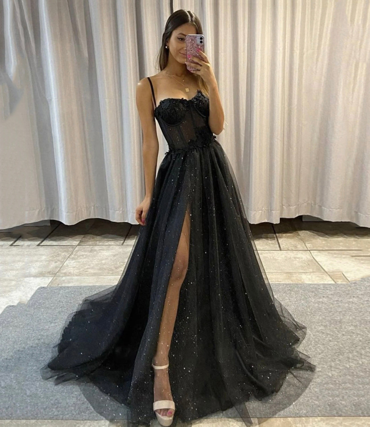 Black Sweetheart Neck Tulle Long Classy Prom Dress,Black Tulle Classy Evening Dress,Sparkle Sweetheart Classy Prom Classy Evening Gown Main image