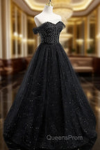 Black Sweetheart Off Shoulder Tulle Long Evening Prom Dress, Black Evening Dress