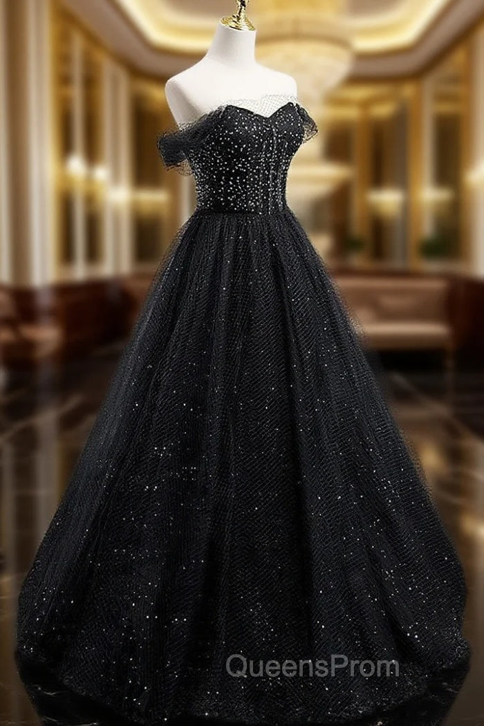 Black Sweetheart Off Shoulder Tulle Long Evening Prom Dress, Black Evening Dress