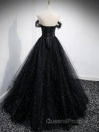 Black Sweetheart Off Shoulder Tulle Long Evening Prom Dress, Black Evening Dress