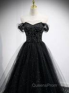Black Sweetheart Off Shoulder Tulle Long Evening Prom Dress, Black Evening Dress