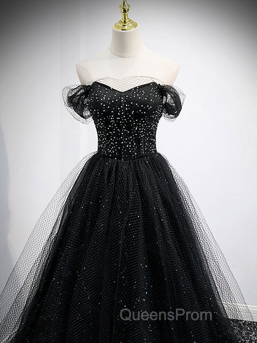 Black Sweetheart Off Shoulder Tulle Long Evening Prom Dress, Black Evening Dress