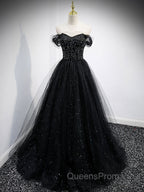 Black Sweetheart Off Shoulder Tulle Long Evening Prom Dress, Black Evening Dress