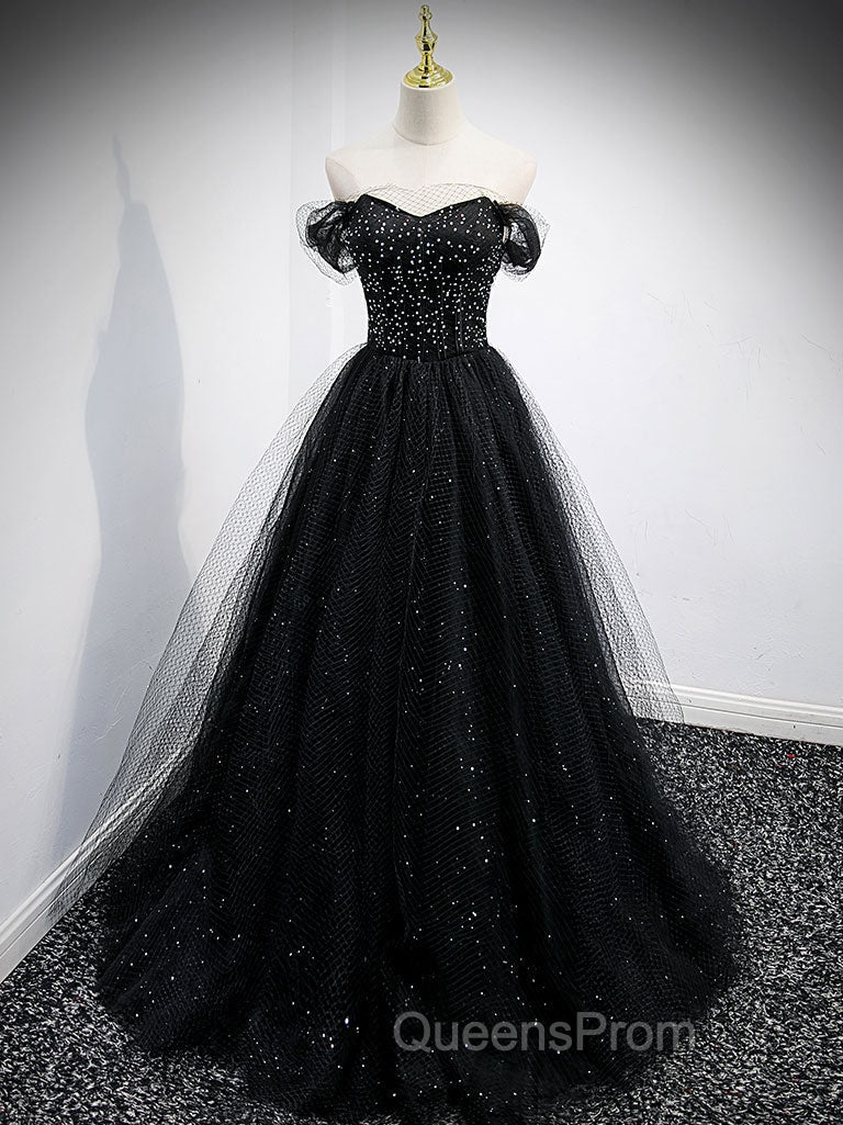 Black Sweetheart Off Shoulder Tulle Long Evening Prom Dress, Black Evening Dress