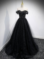 Black Sweetheart Off Shoulder Tulle Long Prom Dress, Black Evening Dress