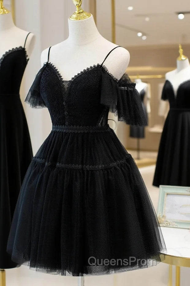 Black Sweetheart Straps Tulle Homecoming Dress, Black Off Shoulder Evening Prom Dress Secondary image