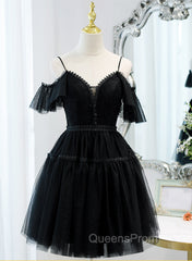 Black Sweetheart Straps Tulle Homecoming Dress, Black Off Shoulder Evening Prom Dress