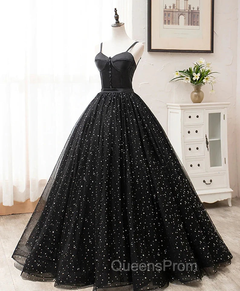 Black Sweetheart Straps Tulle Long Evening Gown, Sleeveless Floor-Length Evening Prom Dress Secondary image
