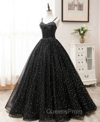 Black Sweetheart Straps Tulle Long Evening Gown, Sleeveless Floor-Length Evening Prom Dress