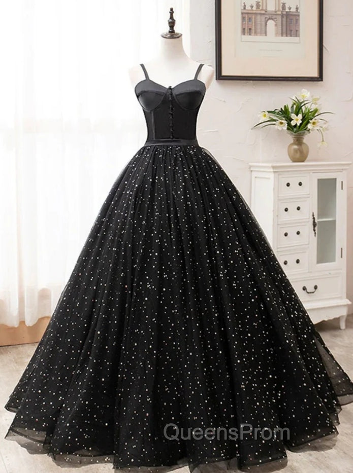 Black Sweetheart Straps Tulle Long Evening Gown, Sleeveless Floor-Length Evening Prom Dress Main image