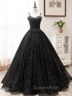 Black Sweetheart Straps Tulle Long Evening Gown, Sleeveless Floor-Length Evening Prom Dress