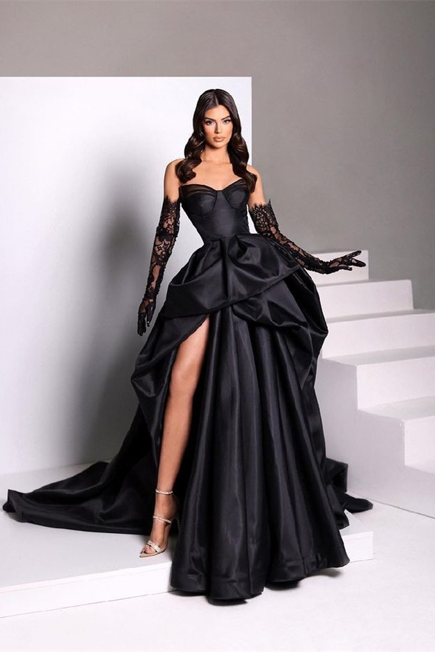 Black Fashion Sexy Taffeta Slit Long Elegant Ball Gown Classy Evening Dress
