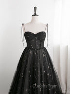 Black Sweetheart Tulle Straps Long Evening Dress, Black Evening Party Dress