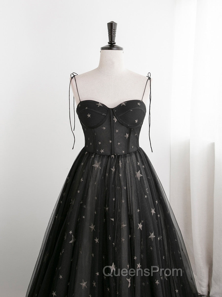 Black Sweetheart Tulle Straps Long Evening Dress, Black Evening Party Dress