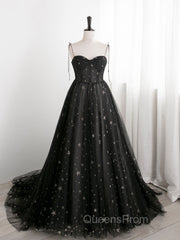 Black Sweetheart Tulle Straps Long Evening Dress, Black Evening Party Dress