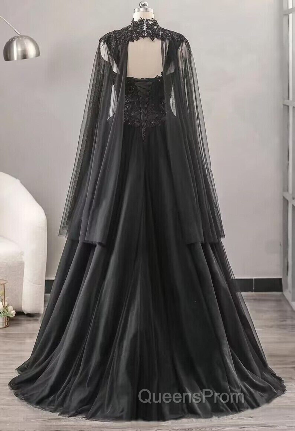 Black Sweetheart Tulle with Lace Long Sweet 16 Dress, Black Evening Dress with Cape