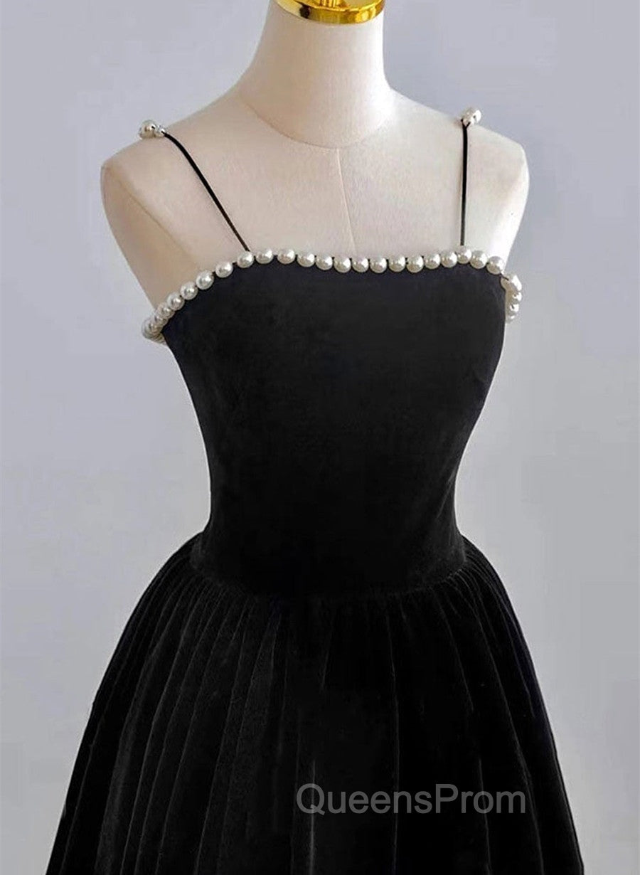 Black Tea Legnth Straps A-line Wedding Party Dress, Black Bridesmaid Dress Secondary image
