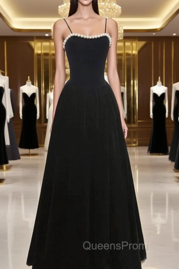 Black Tea Legnth Straps A-line Wedding Party Dress, Black Bridesmaid Dress