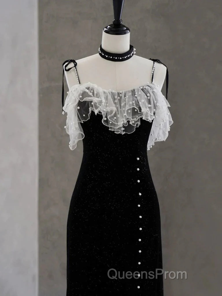 Black Tea Length Straps Beaded Formal Dress, Black Party Dress Evening Dress Secondary image