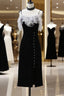 Black Tea Length Straps Beaded Formal Dress, Black Party Dress Evening Dress
