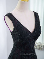 Black Tulle A-Line V-Neck Purple Satin Lace Applique Long Evening Prom Dress With Beadings
