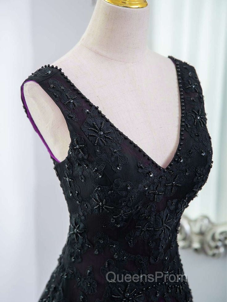 Black Tulle A-Line V-Neck Purple Satin Lace Applique Long Evening Prom Dress With Beadings