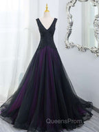 Black Tulle A-Line V-Neck Purple Satin Lace Applique Long Evening Prom Dress With Beadings