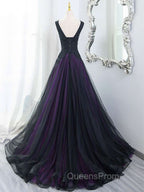 Black Tulle A-Line V-Neck Purple Satin Lace Applique Long Evening Prom Dress With Beadings