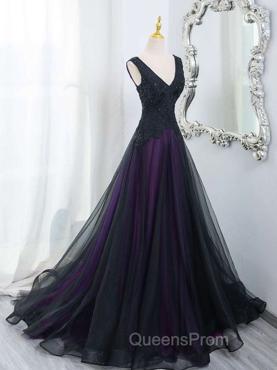 Black Tulle A-Line V-Neck Purple Satin Lace Applique Long Evening Prom Dress With Beadings